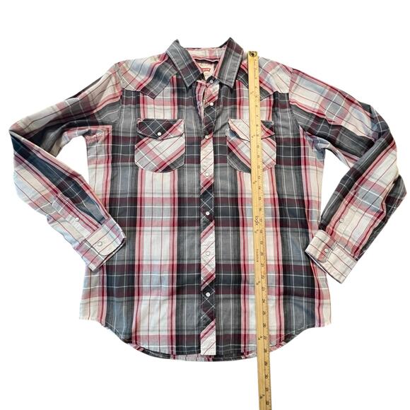 Levi’s Western Snap Shirt Men’s M Plaid Red Gray Long Sleeve Pearl Snap Cowboy - Picture 7 of 8